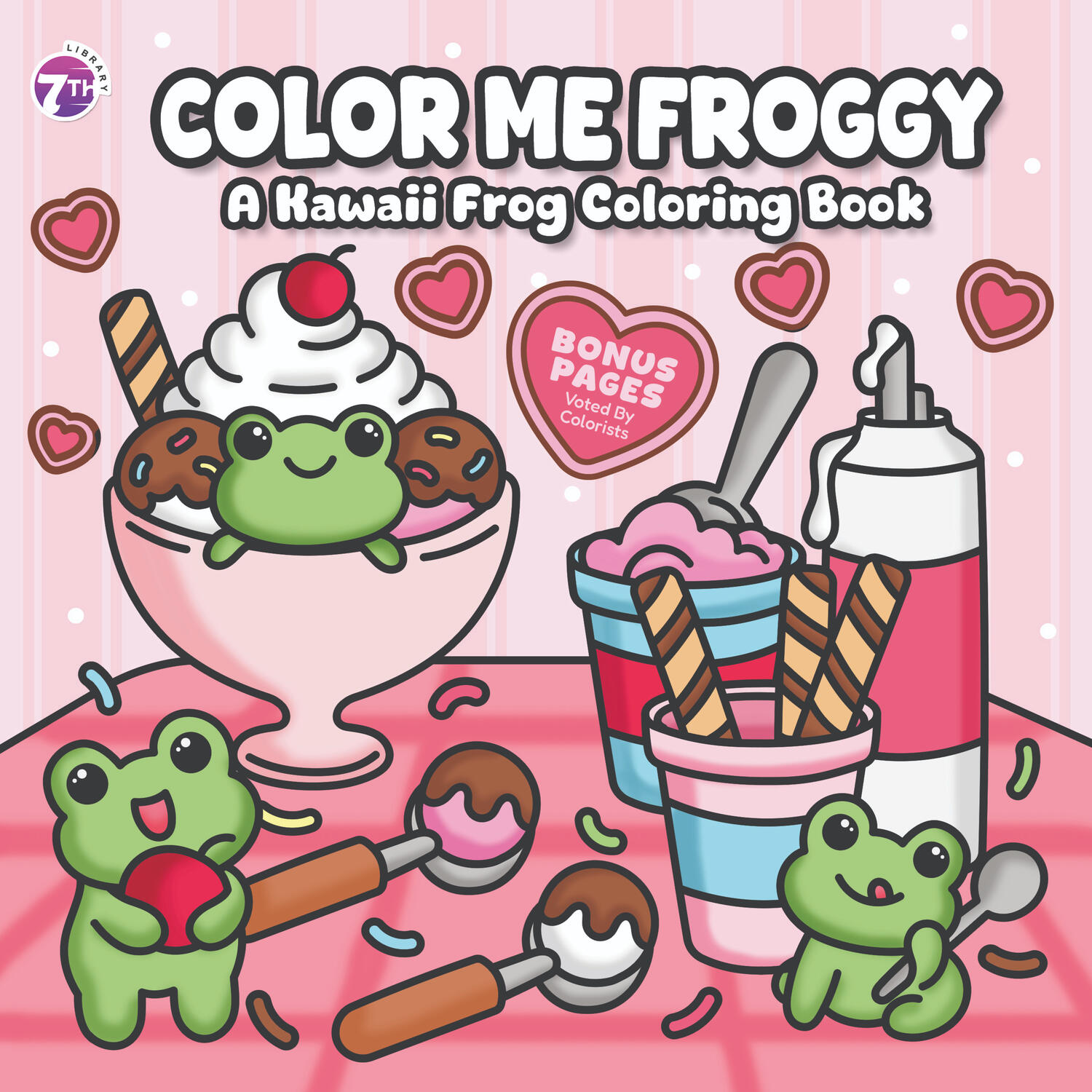 Cover art of “Color Me Froggy,” a whimsical hand-drawn coloring book with cute frog characters, cozy treats, and playful designs.